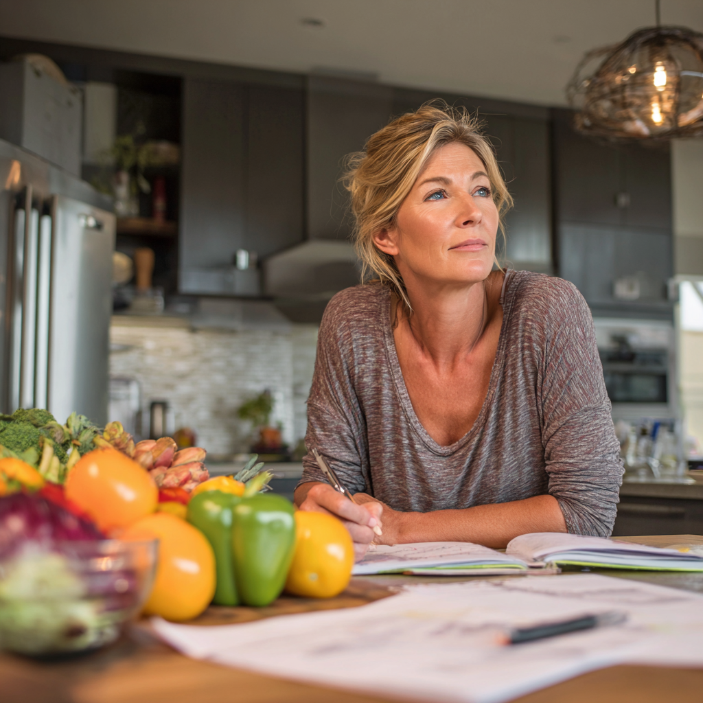 middle-aged woman planning balanced meals in modern kitchen