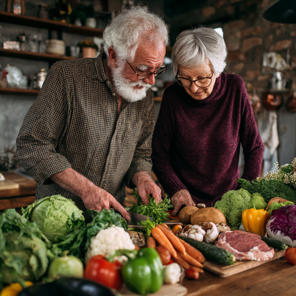 senior couple selecting fresh vegetables and proteins for balanced nutrition